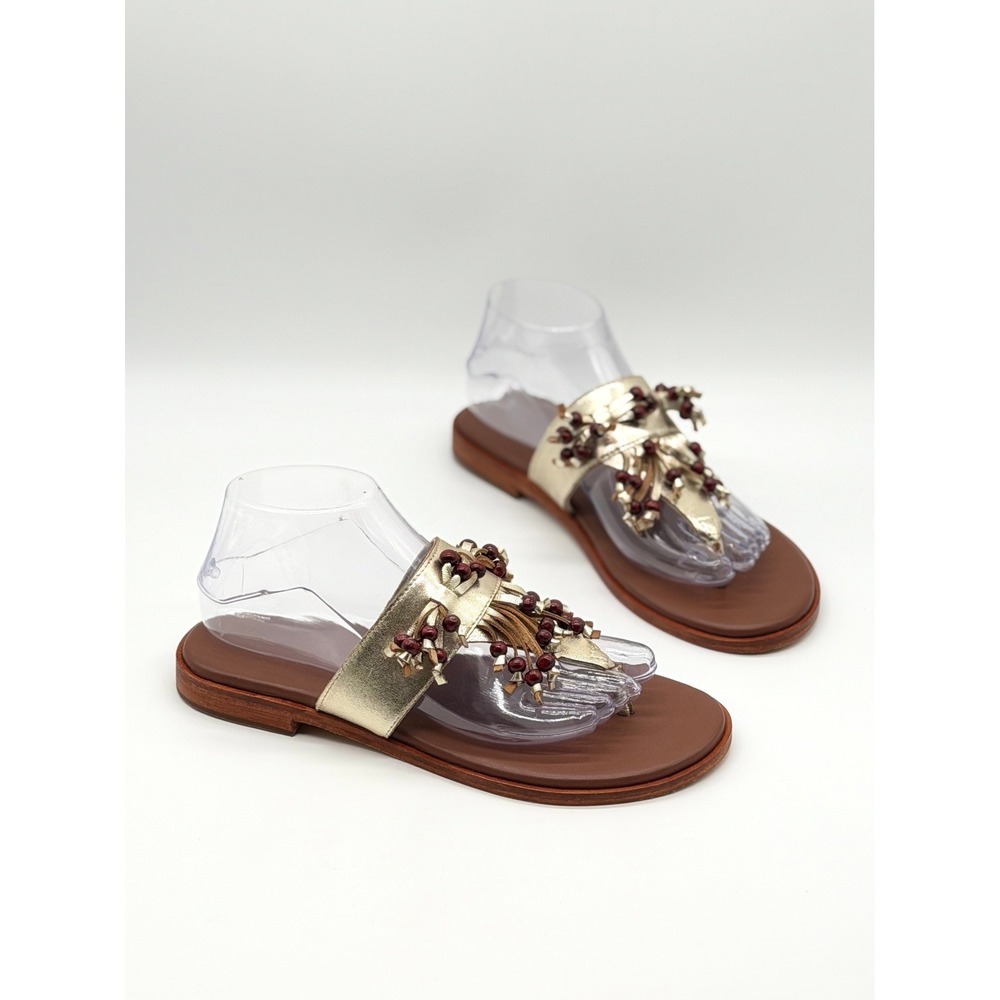 FREE PEOPLE Sadie Fringe Sandals Women 7.5 Gold Brown Beaded Thong Boho Flat NEW